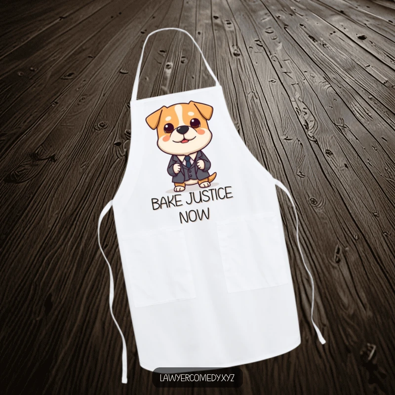 Funny apron showing a polite dog in a miniature suit, earnestly presenting a tiny legal brief, for kitchen tasks.