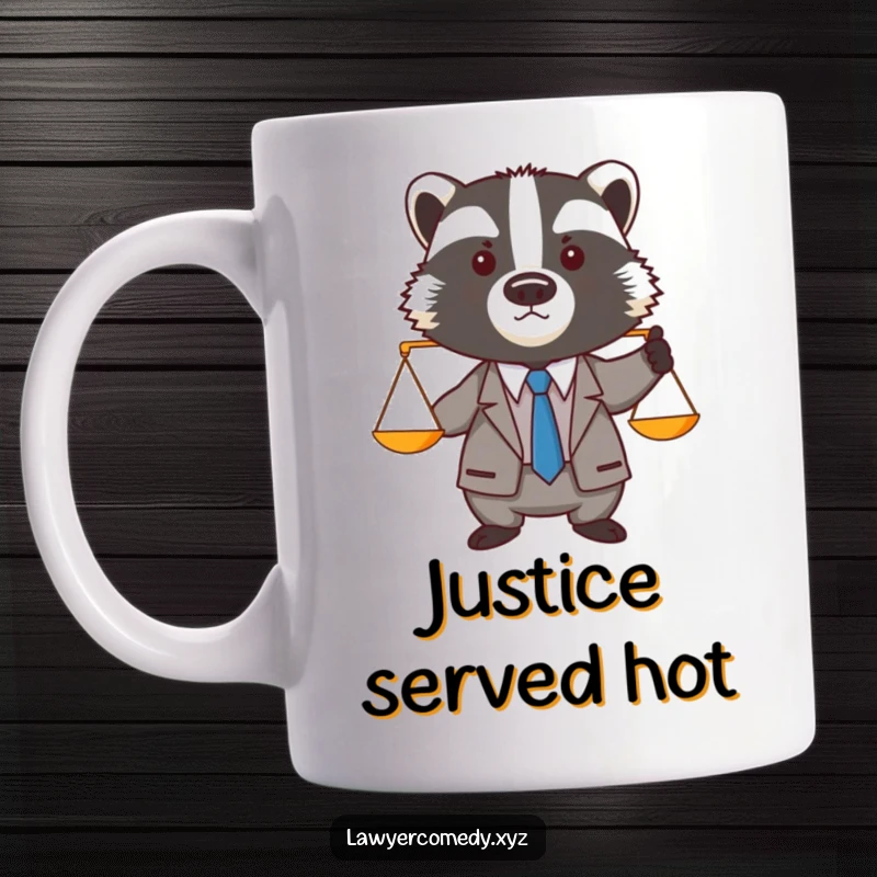 Funny lawyer badger in a tiny suit and tie, seriously holding a miniature balance scale, a perfect gift for legal professionals.