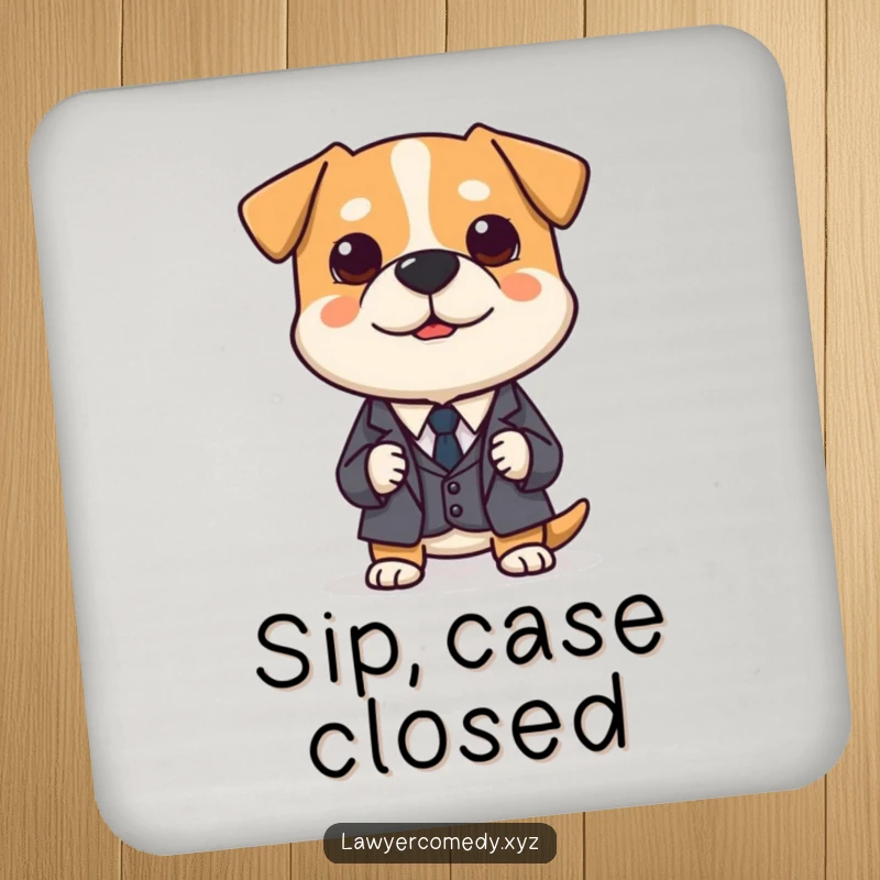 Funny coaster showing a polite dog in a miniature suit, earnestly presenting a tiny legal brief, protecting your table.