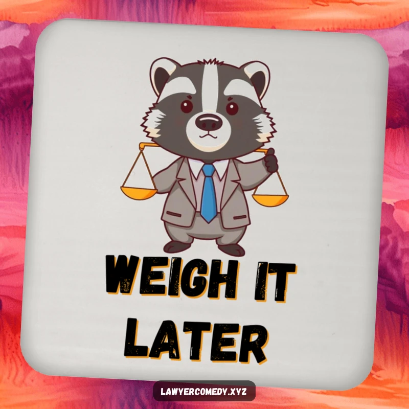 Funny badger in a miniature suit and tie, holding tiny balance scales, a set of humorous drink coasters.
