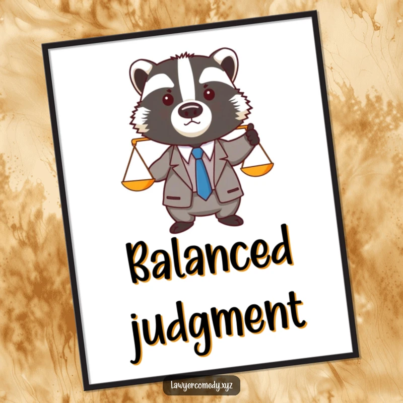 Funny badger in a miniature suit and tie, holding up tiny balance scales, a piece of humorous legal art.