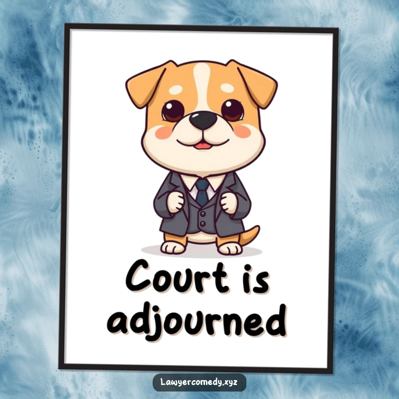 Funny poster art of a polite dog in a miniature suit, earnestly presenting a tiny legal brief, for charming walls.