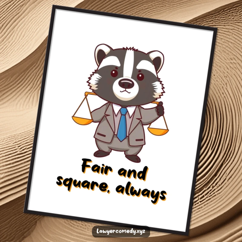 Funny Free Printable Wall Art: Badger in a tiny suit holds a balance scale, serious expression.