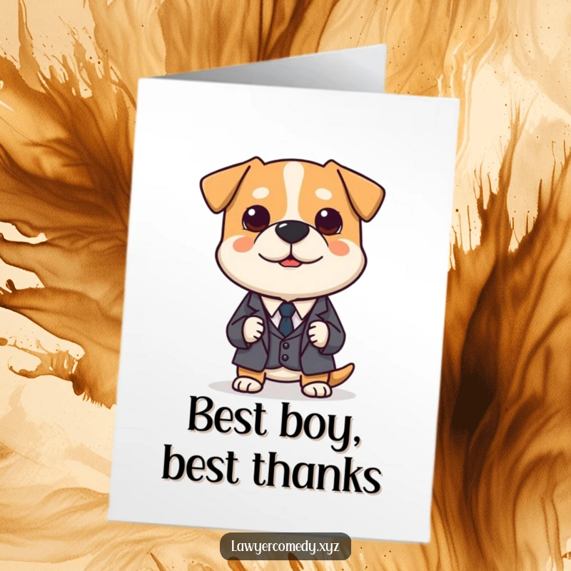 Funny Free Printable Dog Thank You Card: A polite dog in a miniature suit earnestly presents a tiny brief, conveying thanks.