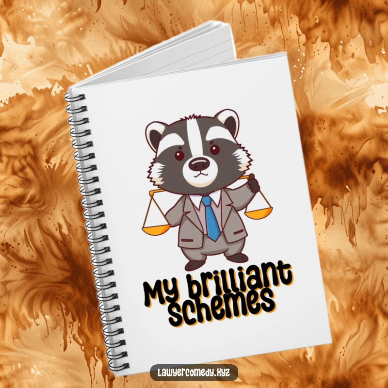 Funny badger in a miniature suit and tie, holding tiny balance scales, a humorous notebook for legal minds.