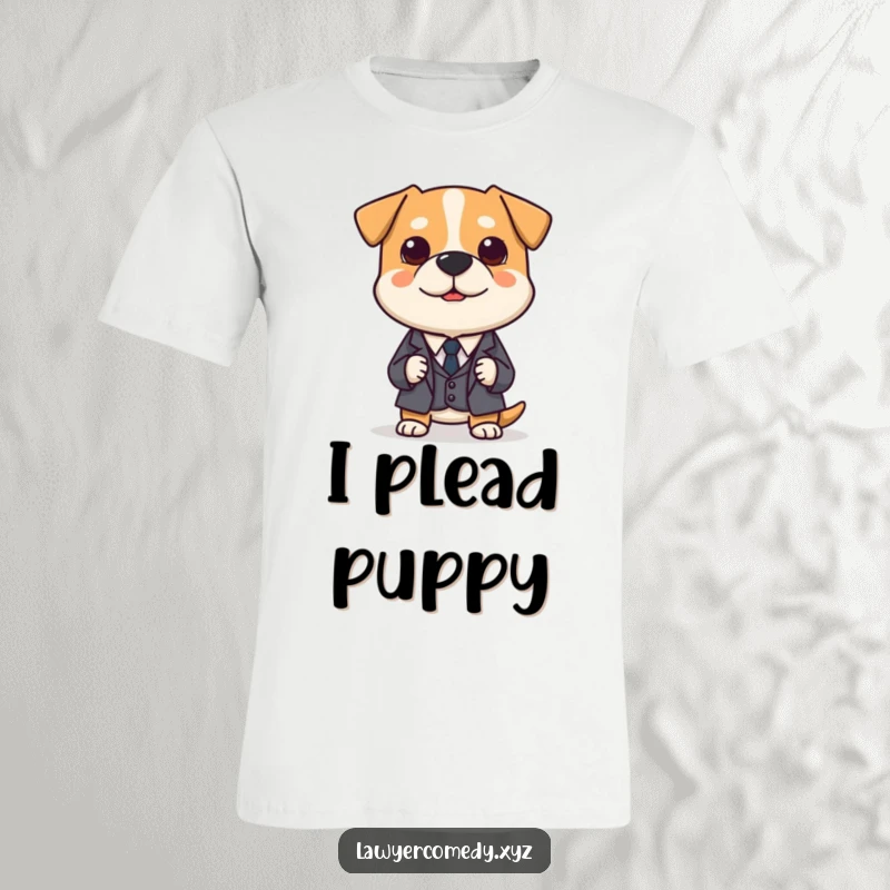 Funny T-shirt art of a polite dog in a miniature suit, earnestly presenting a tiny legal brief with a serious expression.